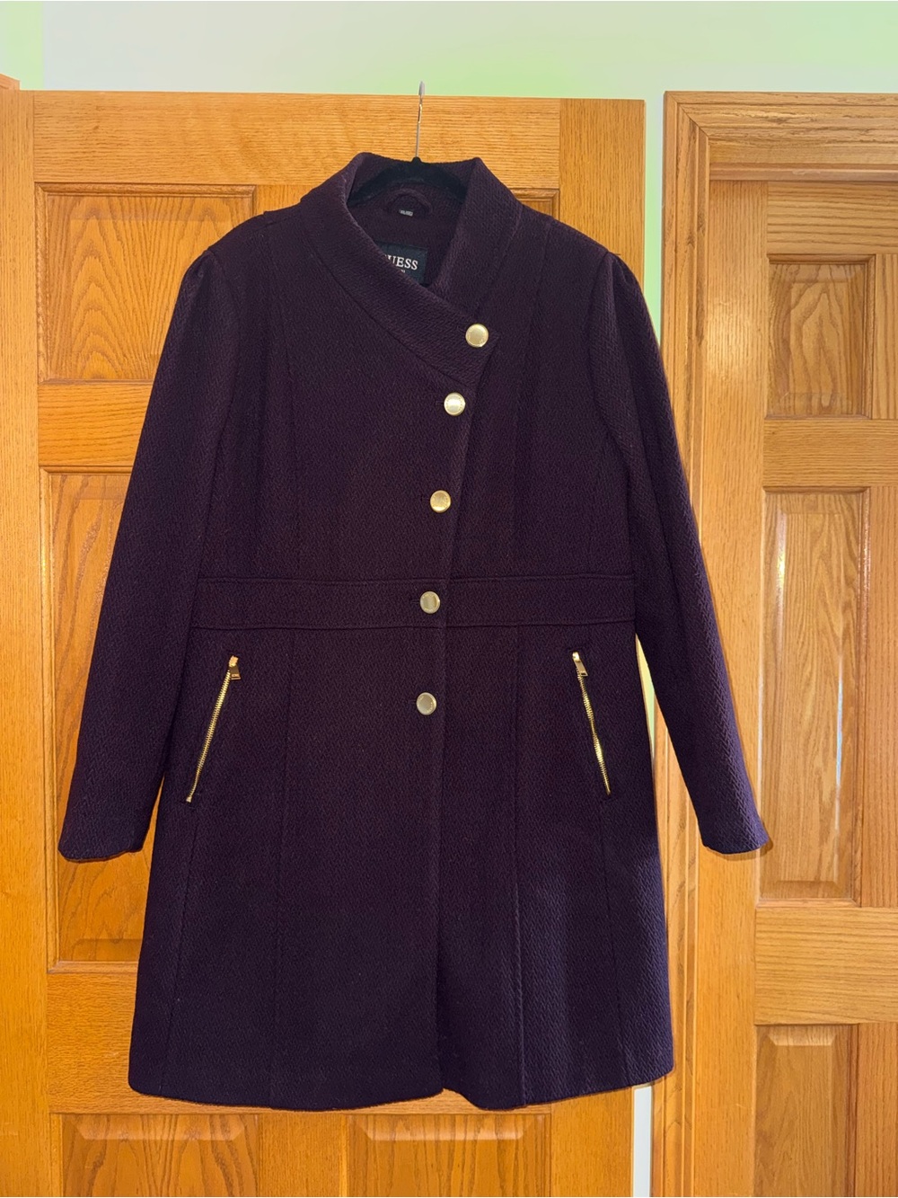 Guess Women's Dark Purple Asymmetrical Button Wool-Blend Coat with Gold Hardware